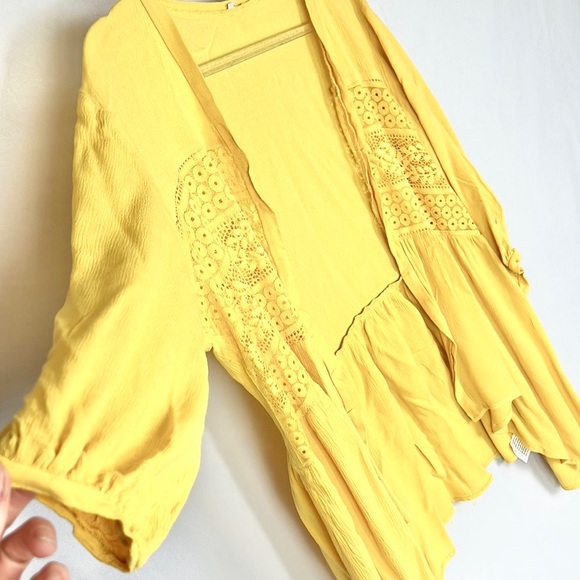 Goldenrod Yellow Crinkled Boho Lace Trim Loose Cardigan Style Top Blouse - Picture 3 of 7